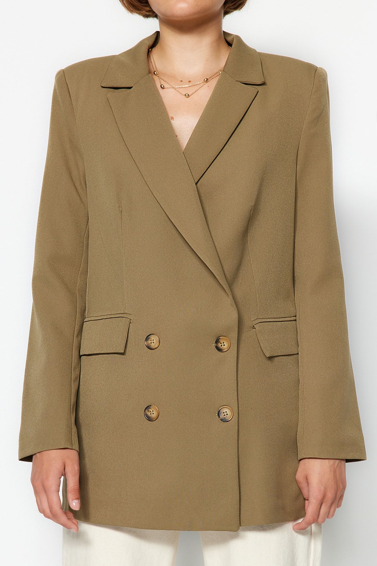 Trendyol Collection-Light Khaki Oversize Lined Buttoned Woven Blazer Jacket TWOAW22CE0167 3