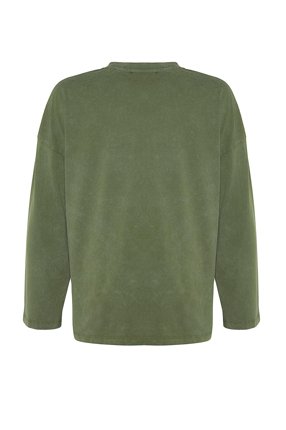 Trendyolmilla  Haki Kalın Pamuklu Eskitme Efektli Relaxed Kalıp Bisiklet Yaka Uzun Kol Örme T-Shirt TWOAW24TS00006 - Görsel 11