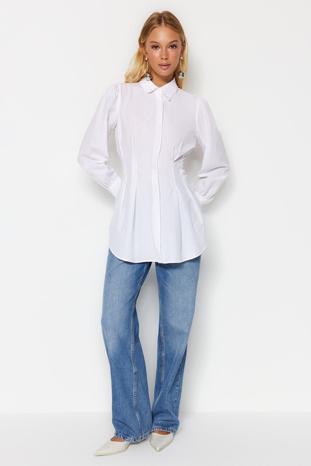 Trendyol Modest-Λευκό υφαντό πουκάμισο με μαργαριτάρι TCTAW24TG00027 3