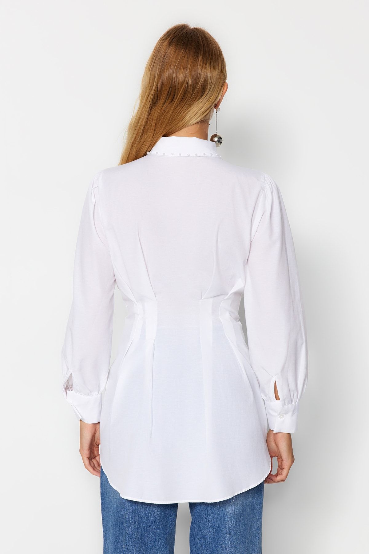 Trendyol Modest-Λευκό υφαντό πουκάμισο με μαργαριτάρι TCTAW24TG00027 5