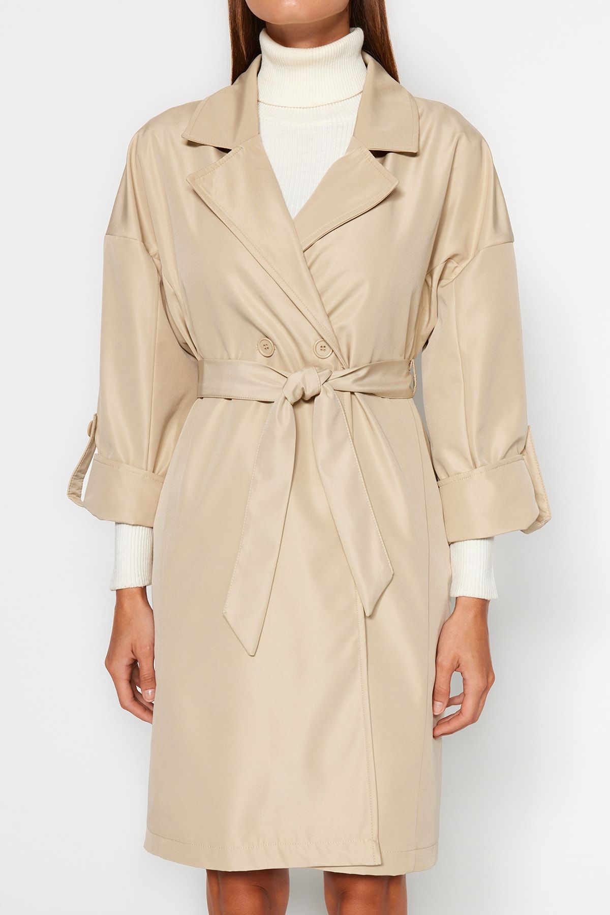 Trendyol Collection-Beiger langer Trenchcoat - Übergröße, mit Gürtel und wasserabweisend TWOAW24TR00019 4