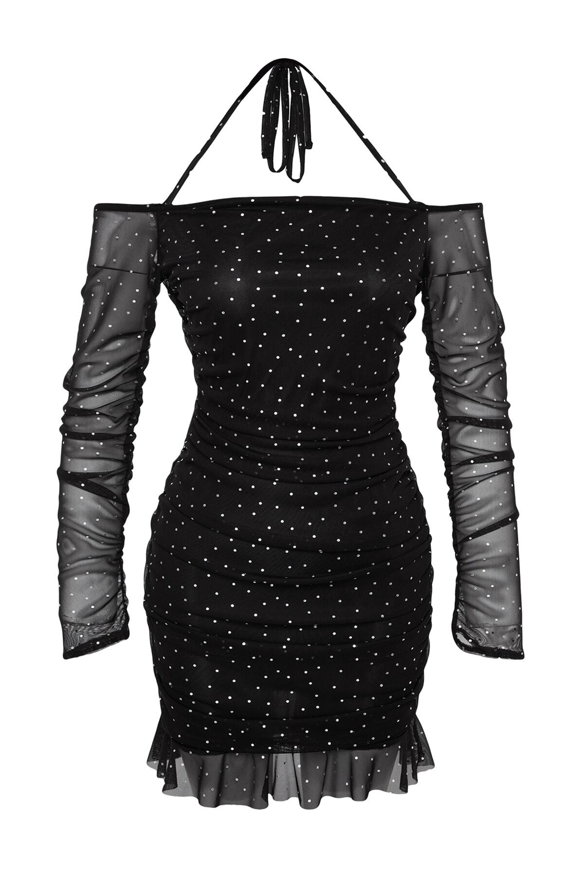 Trendyolmilla  Siyah Puantiyeli Astarlı Drapeli Örme Tül Kısa Şık Abiye Elbisesi TPRAW24EL00028 - Görsel 7