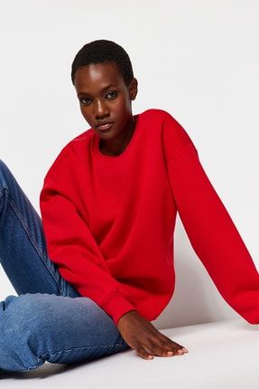 TRENDYOLMİLLA Kırmızı Oversize/Rahat Kesim Basic Bisiklet Yaka Kalın/İçi polarlı Örme Sweatshirt TWOAW24SW00102