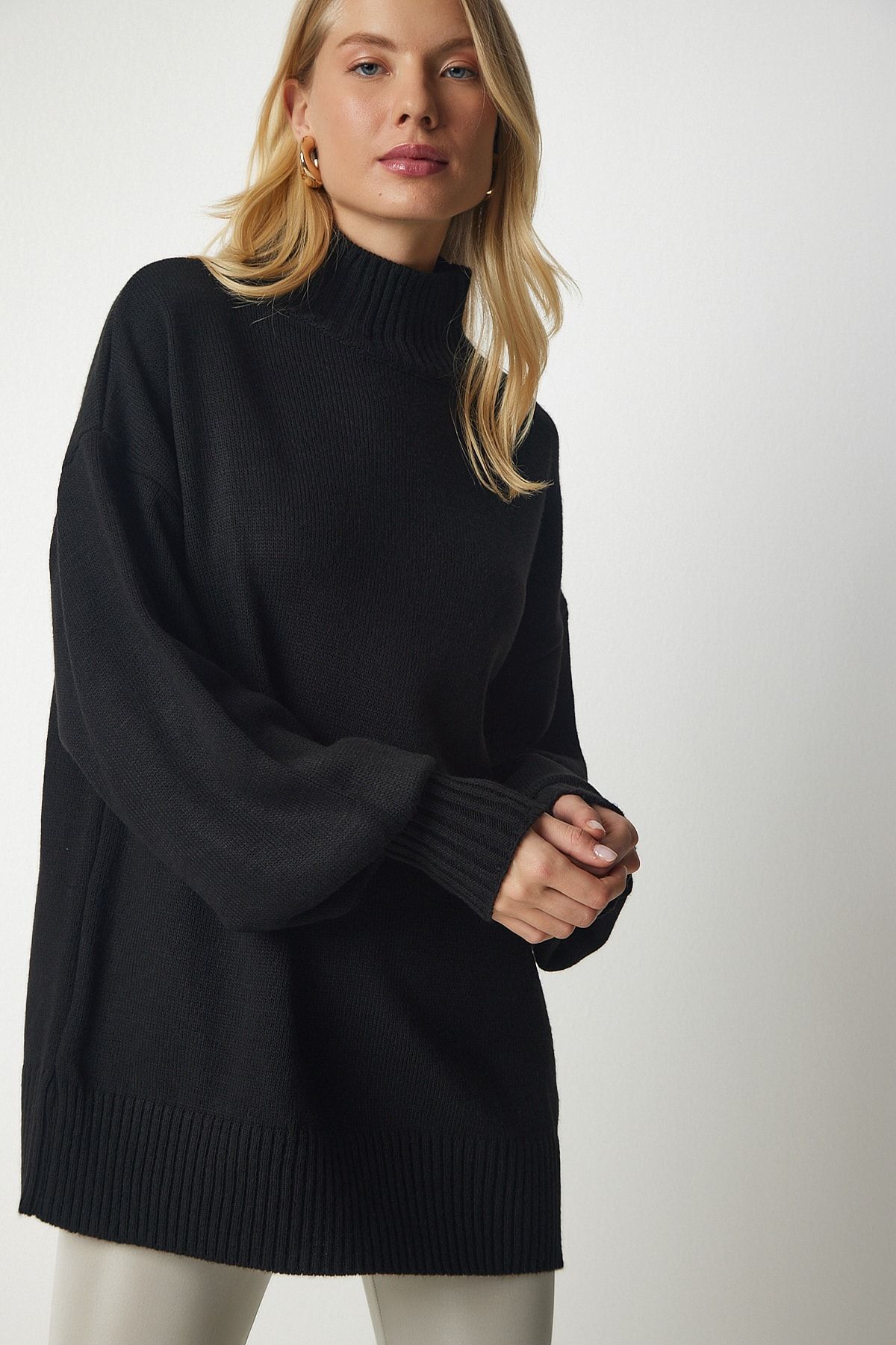 Happiness İstanbul-Schwarzer Oversize-Strickpullover mit Stehkragen für Damen, Basic, YY00167 2