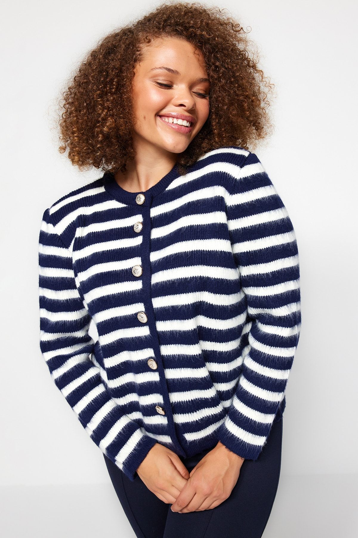 Trendyol Curve Granatowy Miękki Teksturowany Kardigan W Paski Tbbaw24av00004 Kobieta - 2XL