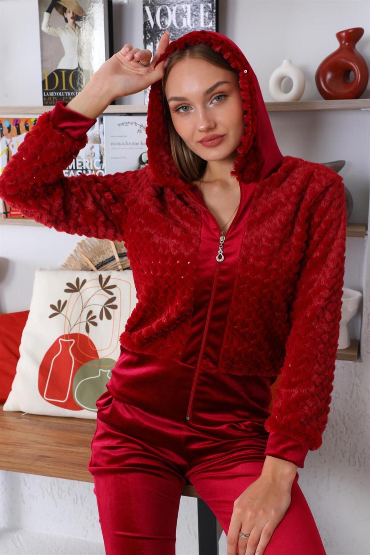 westbound CLARET RED Plush Velvet Women s Tracksuit Set Trendyol