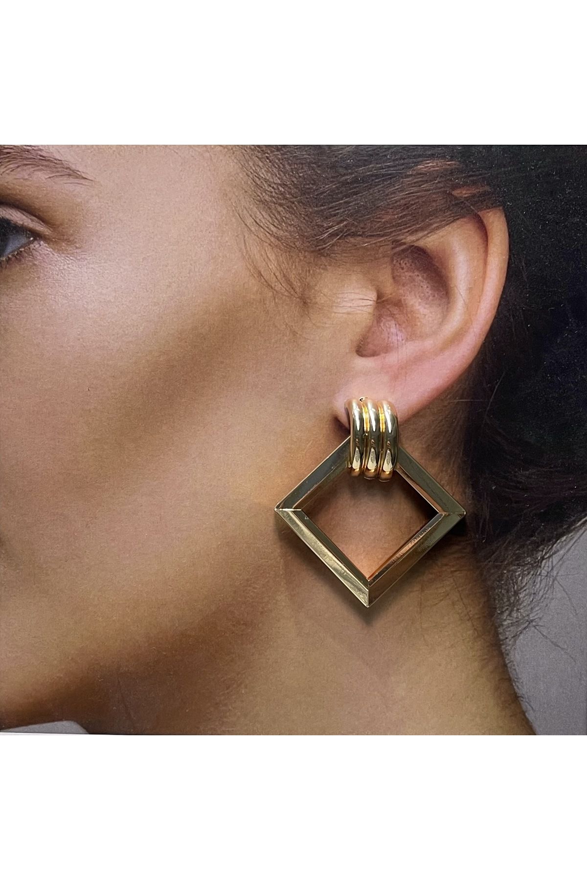 Rupen Kraft Şık BüyükKare Tasarım Vintage Model Gold Renk Küpe