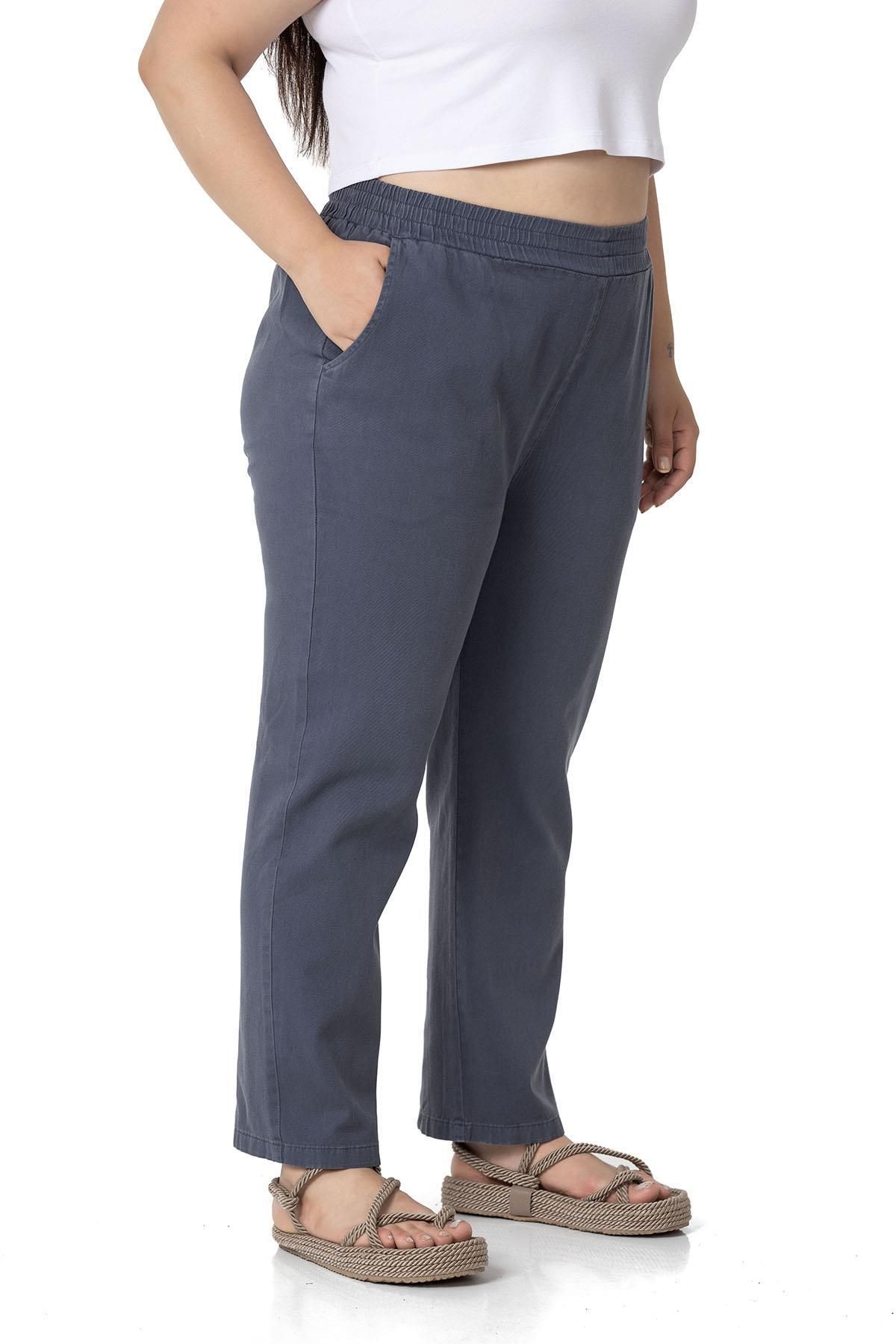 DISENTIS MODEST-Plus Size Gabardine Anthracite Trousers with Elastic Waist and Pockets 4