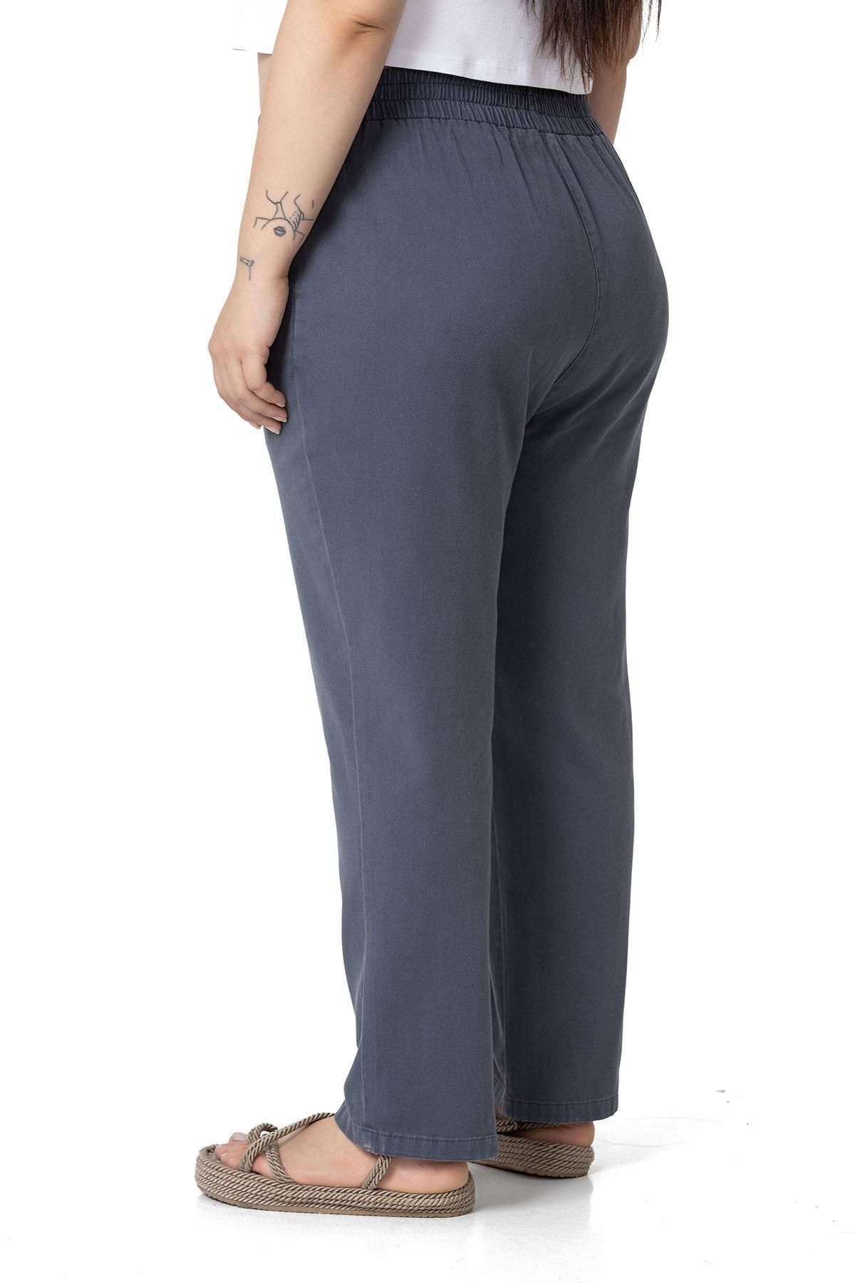 DISENTIS MODEST-Plus Size Gabardine Anthracite Trousers with Elastic Waist and Pockets 3