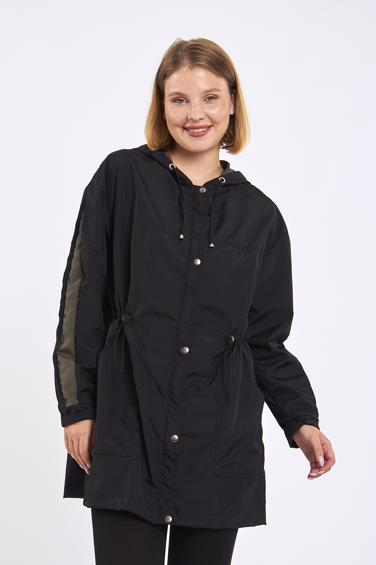 Moda Tuğram  Micro Midi Siyah Kolları Haki Yağmurluk & Rüzgarlık - Görsel 3