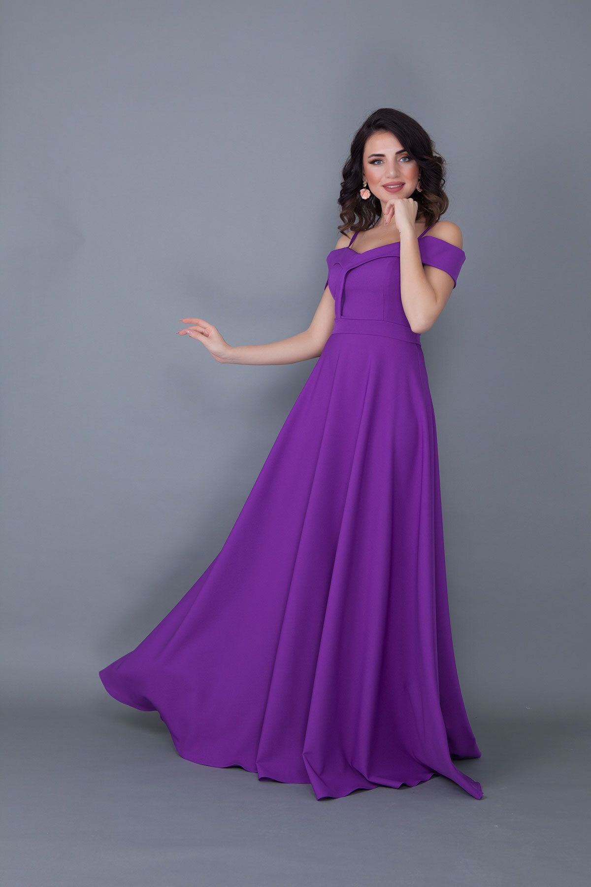 NO48-Rochie model evazată cu bretele, mov, lungime maxi 6