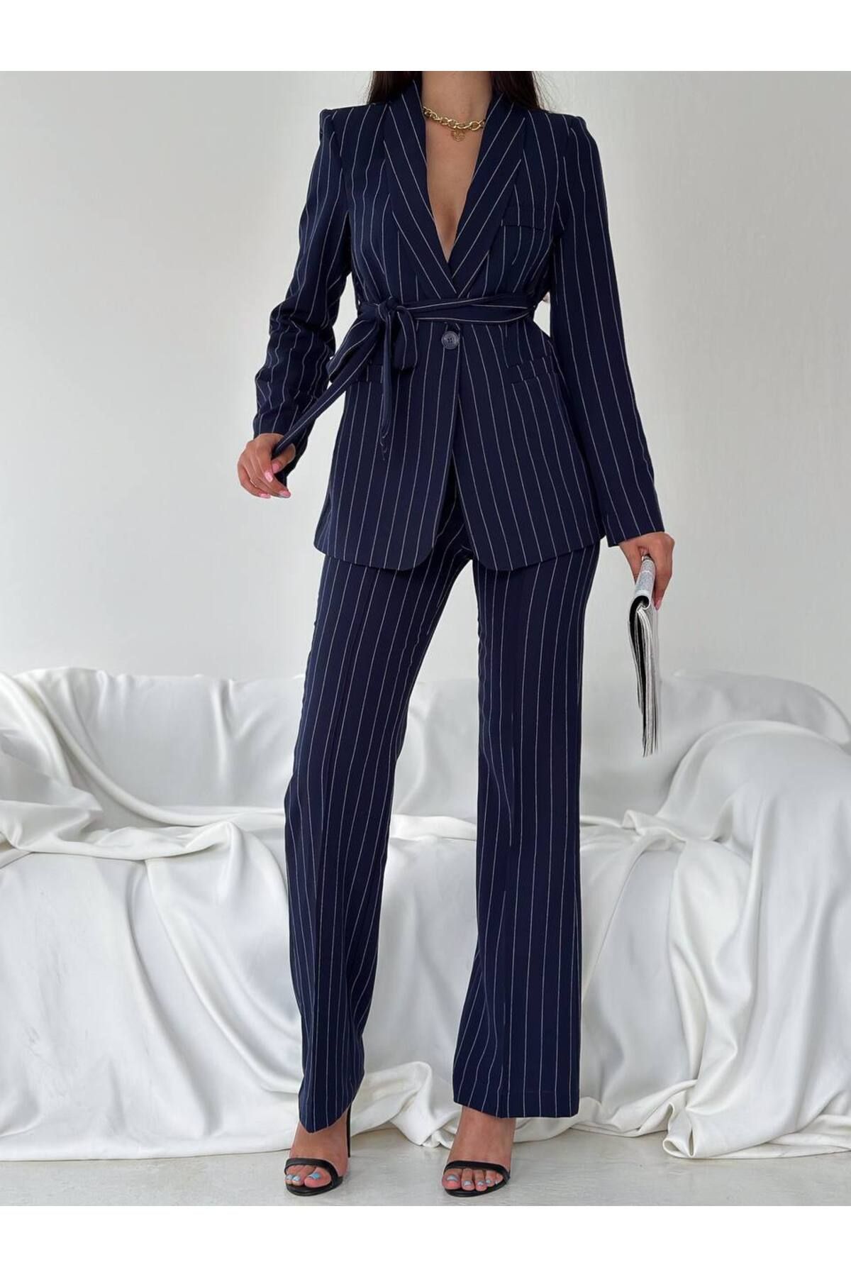 han fashion-Zavazovací pruhovaná umělá kapsa Šálový límec Blazer Bunda Pipe Noha Strečové kalhoty Oblek 7