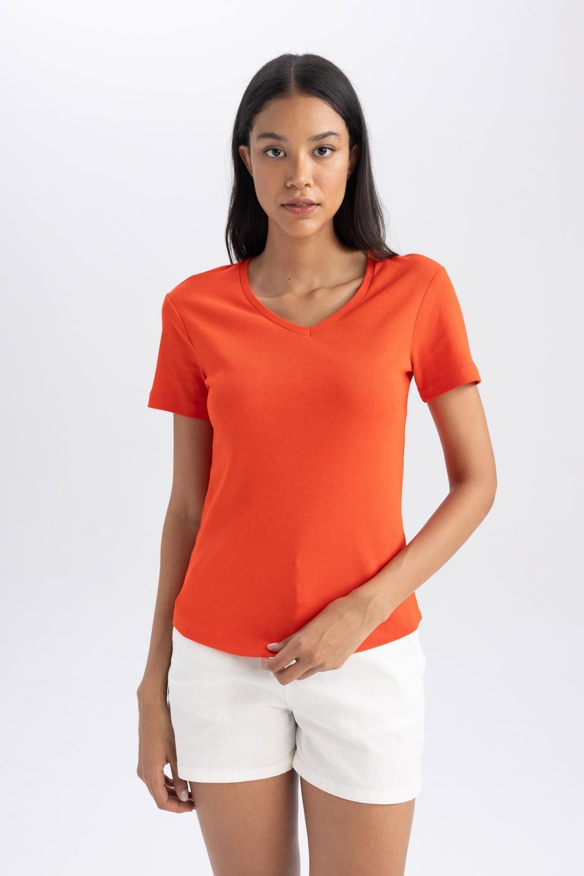 DeFacto-Slim Fit Slim Fit rebrované tričko s krátkym rukávom B0647axns 3