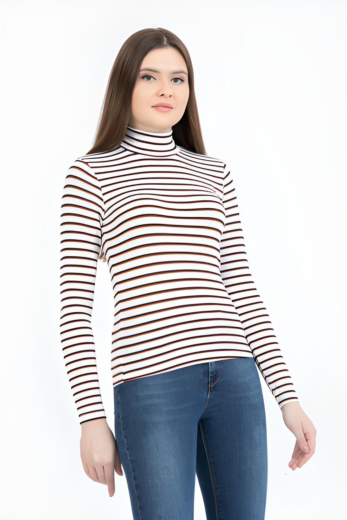 Women's striped turtleneck shirt hot sale
