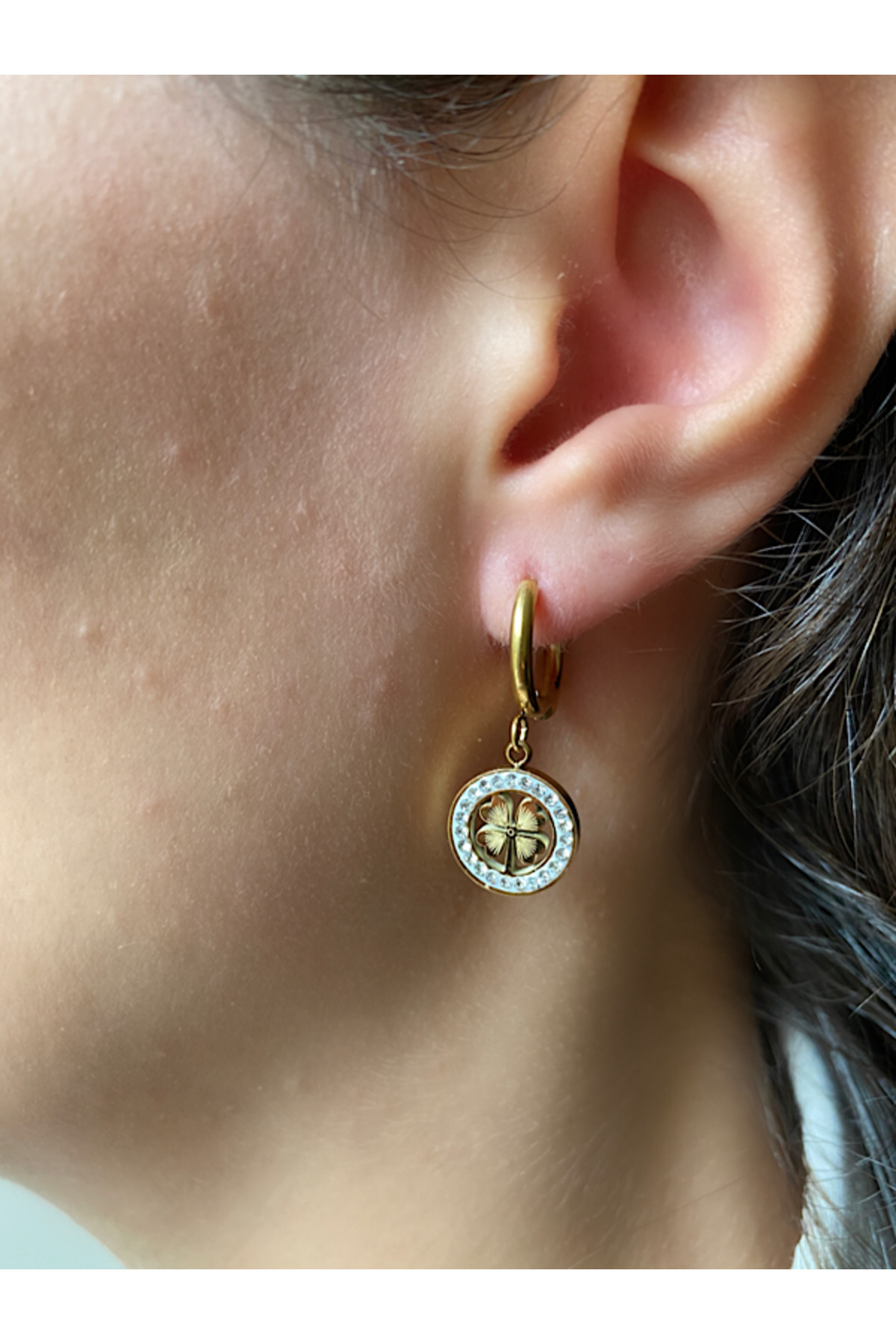 Dangling Zircon Clover Model Stainless Steel Earrings