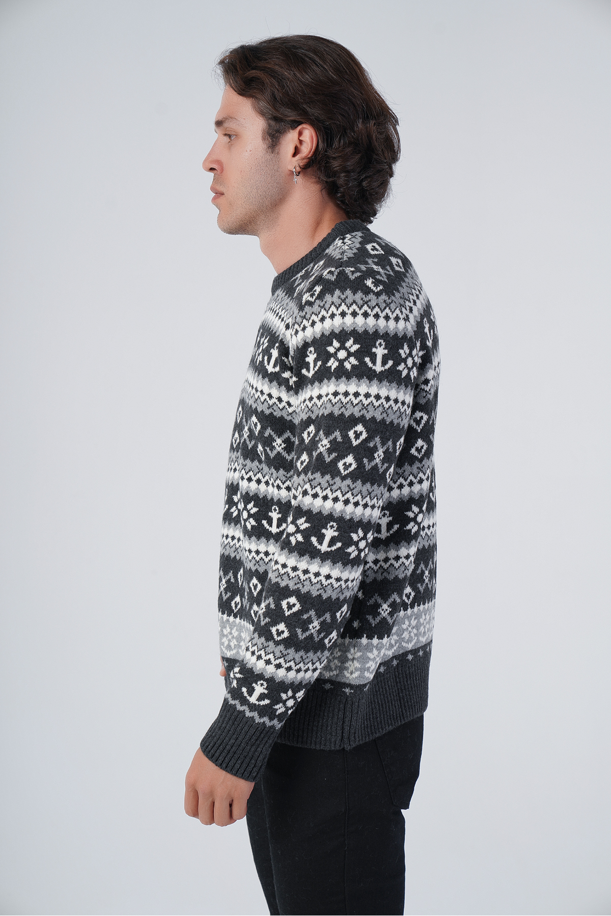 Trist Star  Antrasit Erkek Jakarlı Çapa Desen Bisiklet Yaka Triko Yün Kazak - Görsel 4