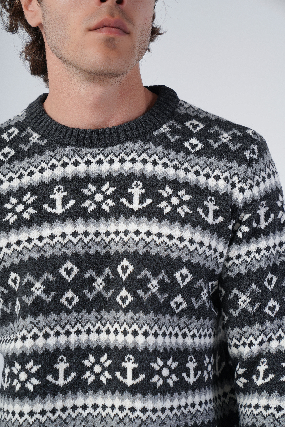 Trist Star  Antrasit Erkek Jakarlı Çapa Desen Bisiklet Yaka Triko Yün Kazak - Görsel 5