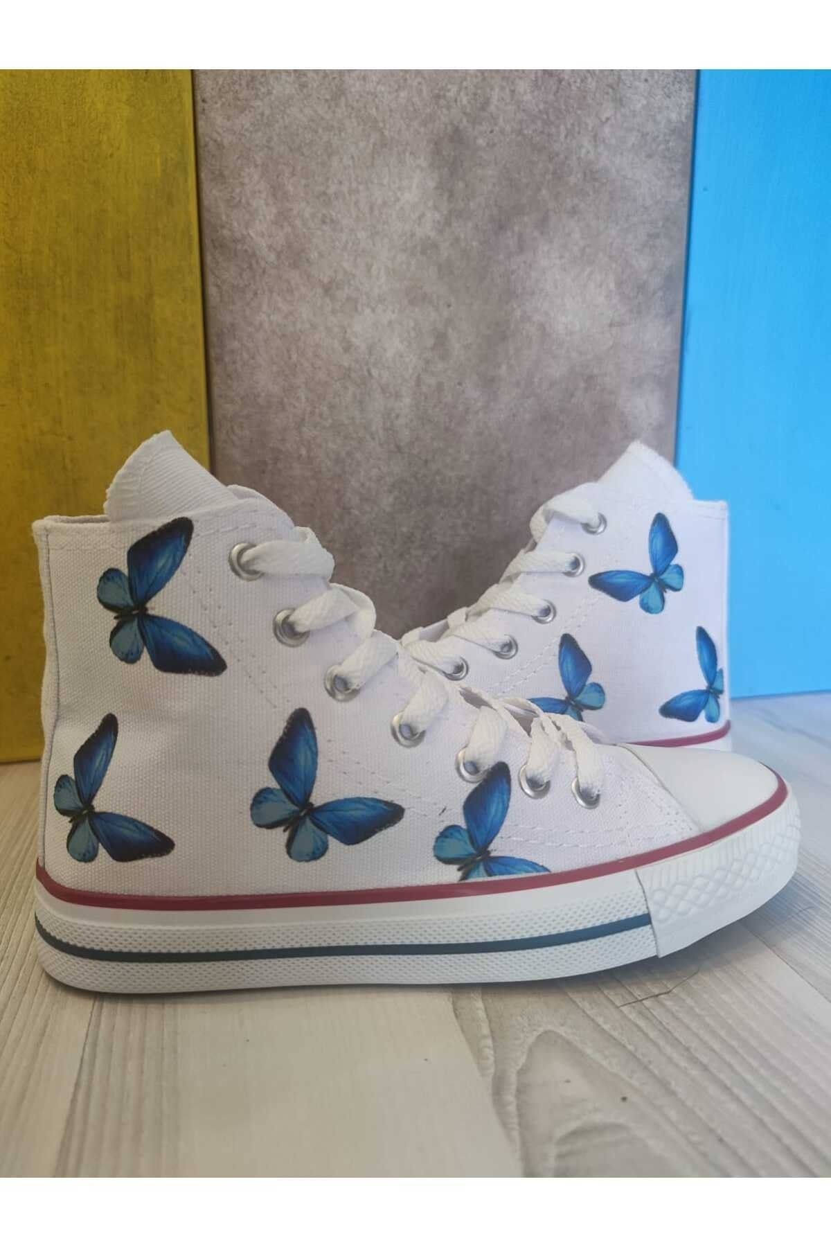 MECH BUT K Butterfly Printed White High Top Sports Shoes Sneaker