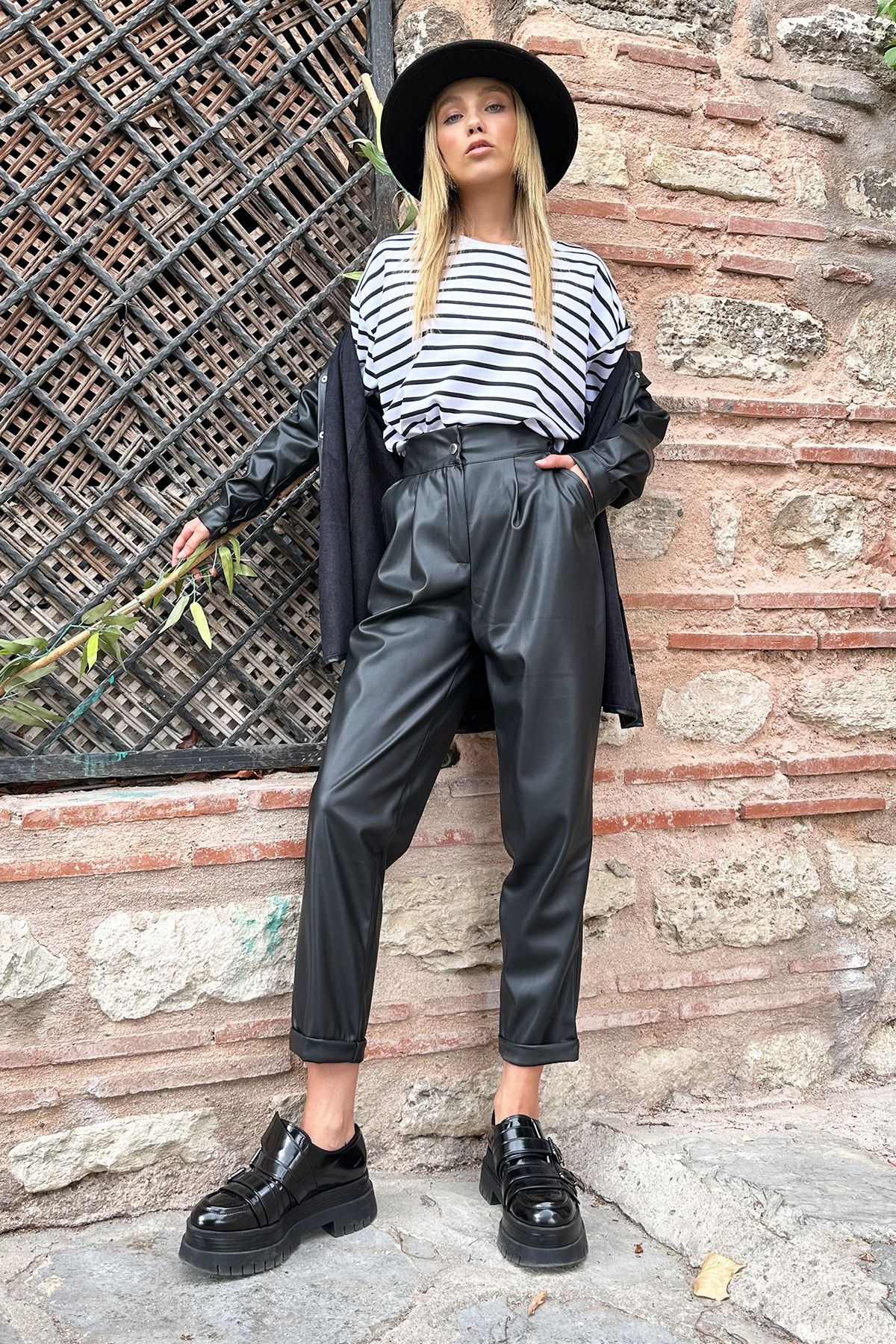 Loose leather trousers on sale