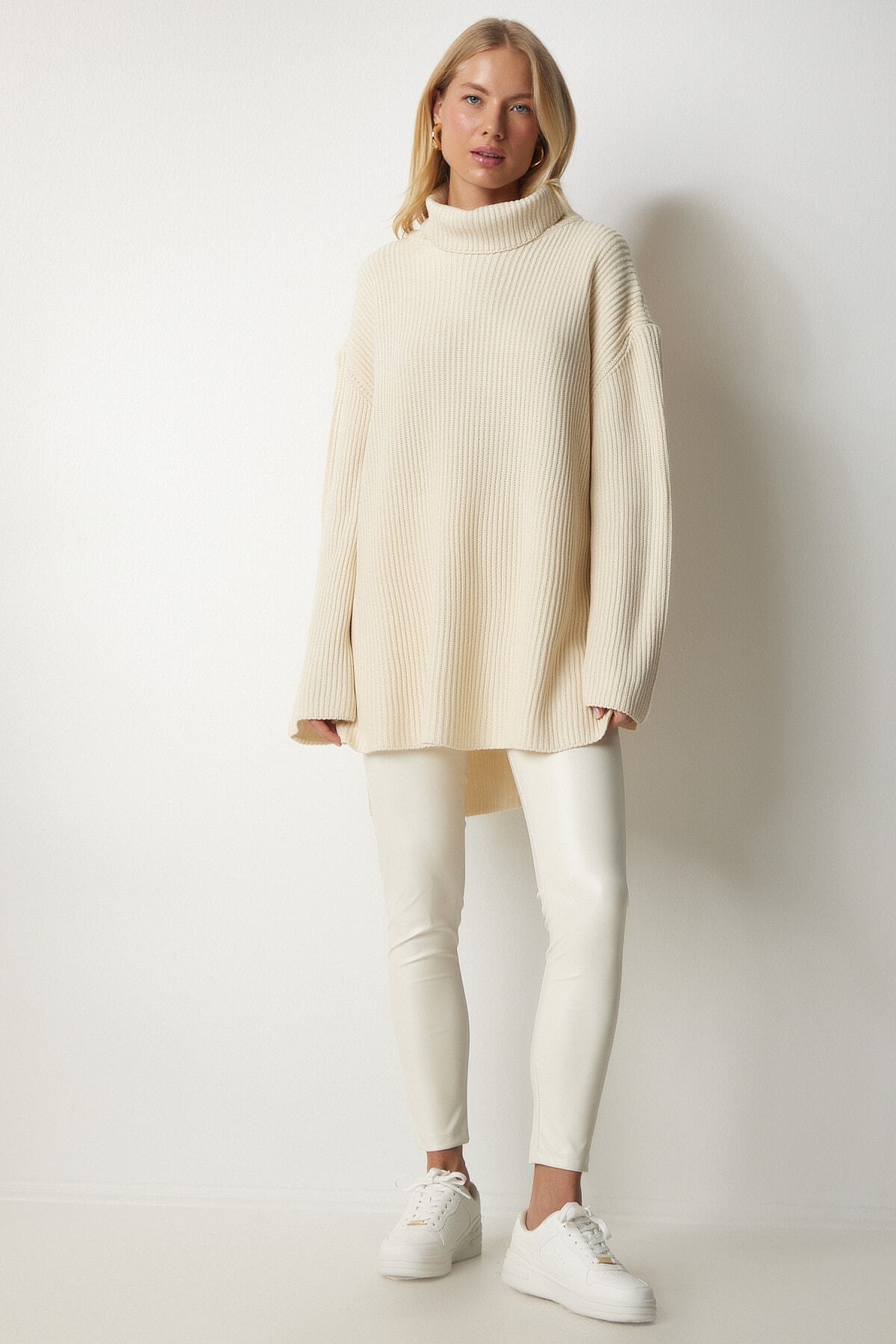 Happiness İstanbul-Cremefarbener Rollkragenpullover in Übergröße für Damen, Strickpullover YY00164 6