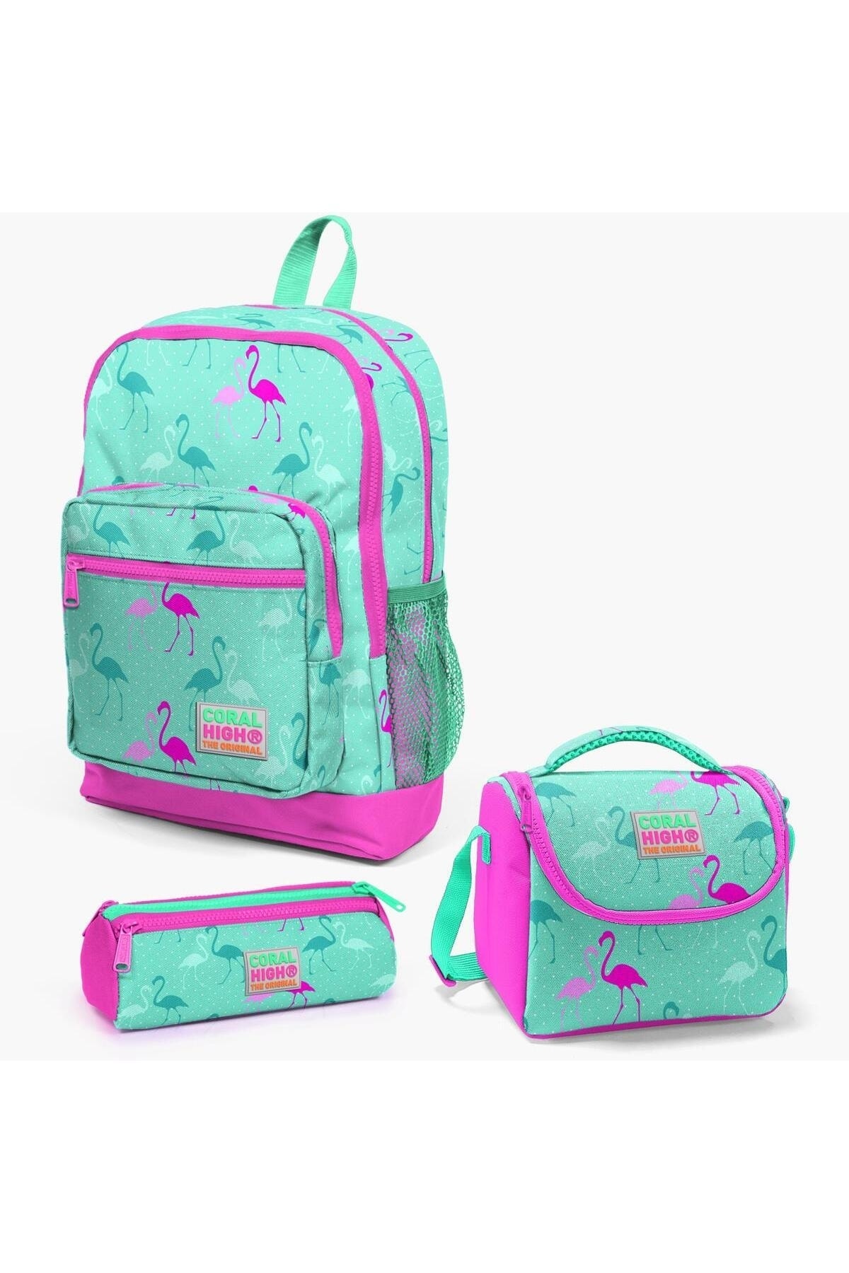 Kids Water Green Neon Pink Flamingo 3-Piece School Bag Set