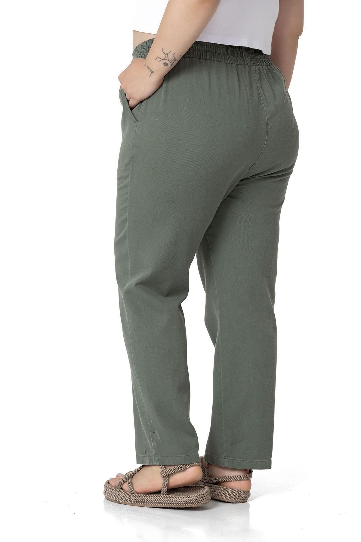 DISENTIS MODEST-Plus Size Gabardine Khaki Trousers with Elastic Waist and Pockets 3