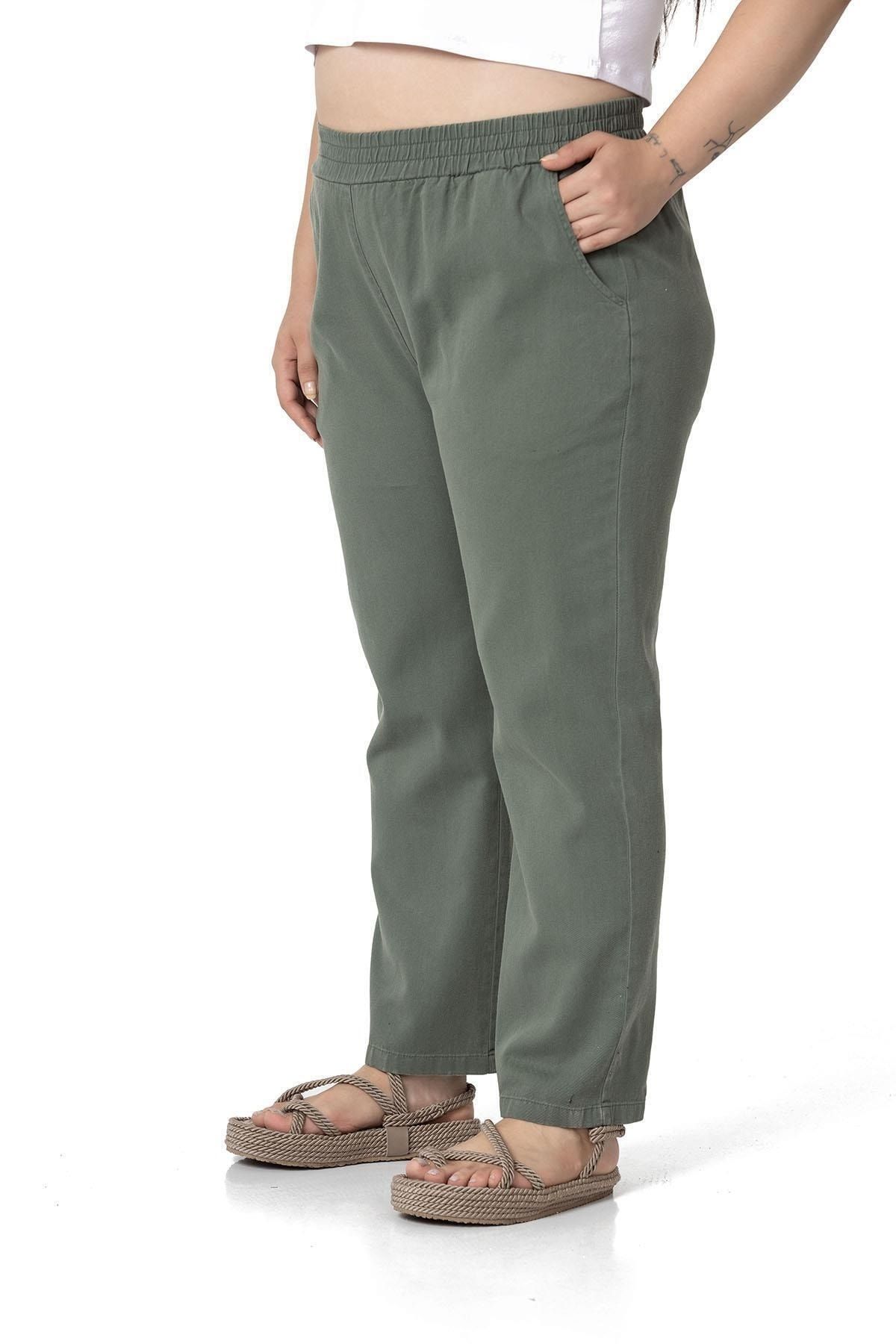 DISENTIS MODEST-Plus Size Gabardine Khaki Trousers with Elastic Waist and Pockets 4