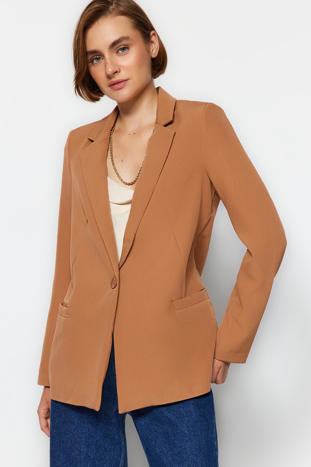  TRENDYOLM?LLA Camel Regular Astar Detayl? Dokuma Blazer Ceket