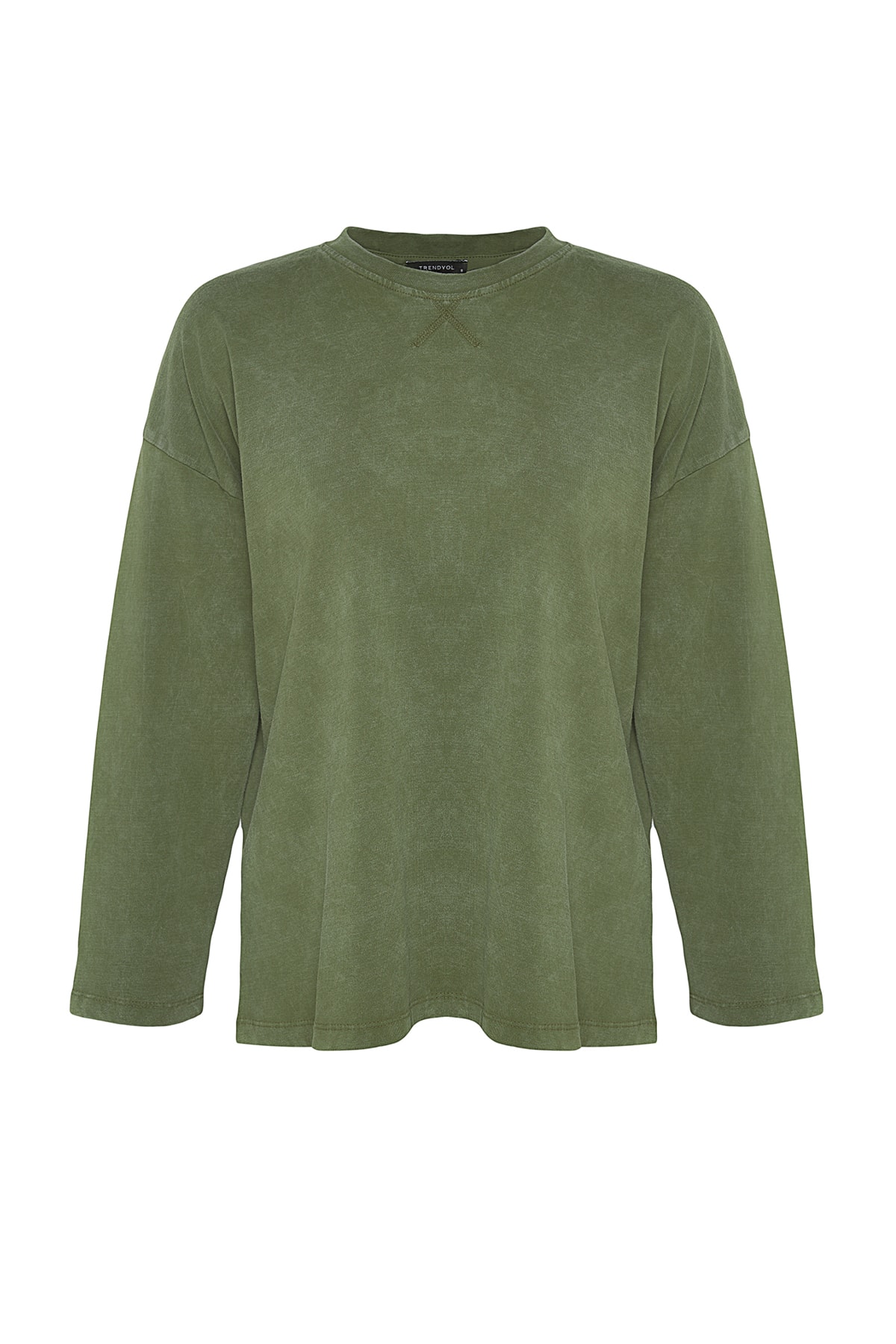 Trendyolmilla  Haki Kalın Pamuklu Eskitme Efektli Relaxed Kalıp Bisiklet Yaka Uzun Kol Örme T-Shirt TWOAW24TS00006 - Görsel 9