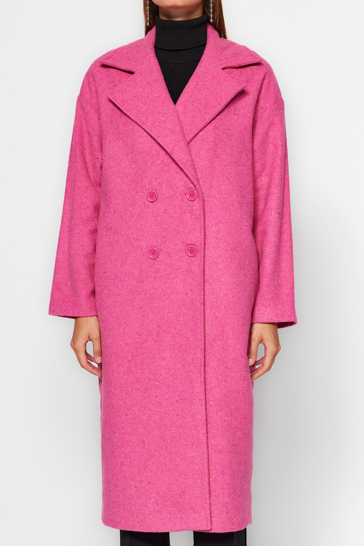 Trendyol Collection Fuchsiový oversize široký střih dlouhý vlněný kabát TWOAW21KB0038