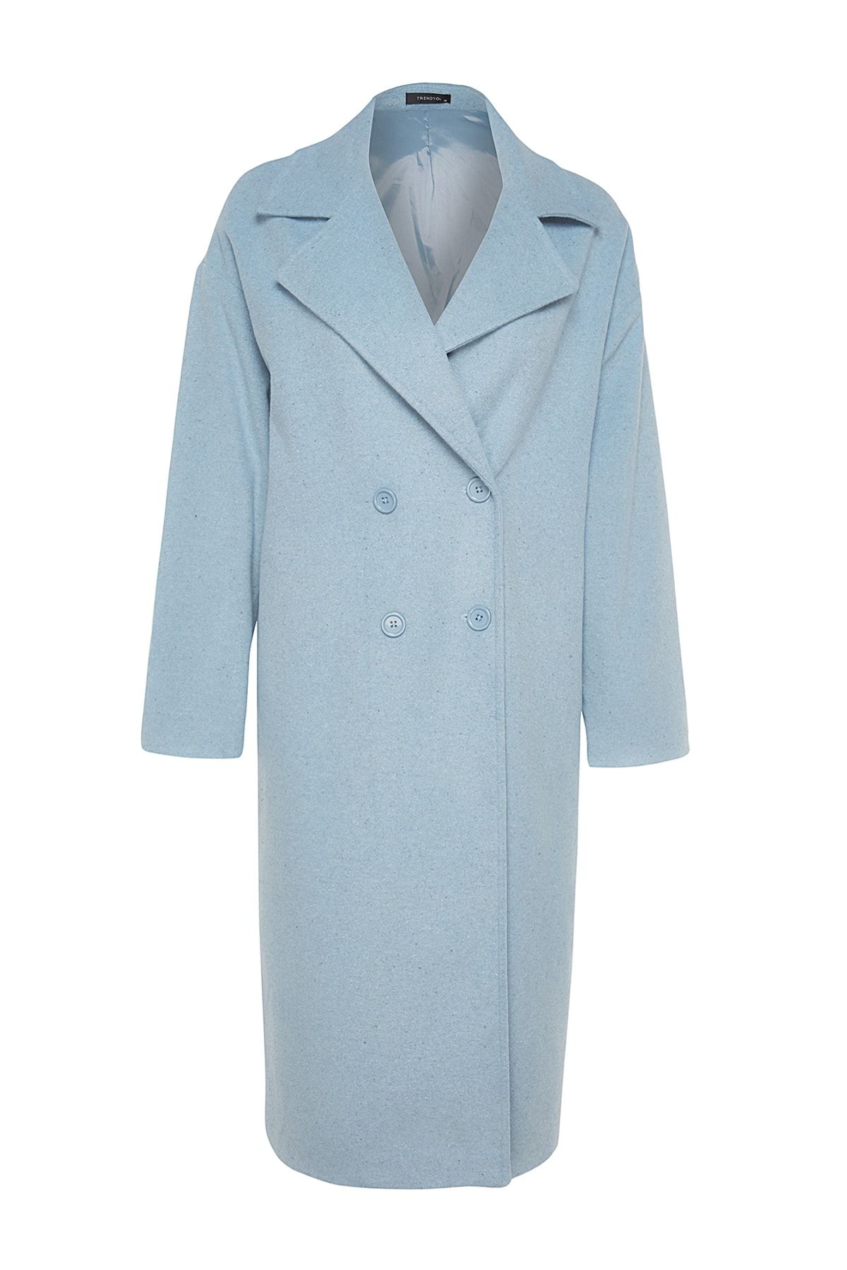 Trendyol Collection-Blauer, übergroßer, weit geschnittener, langer Wollmantel mit Stempelmuster TWOAW21KB0038 7