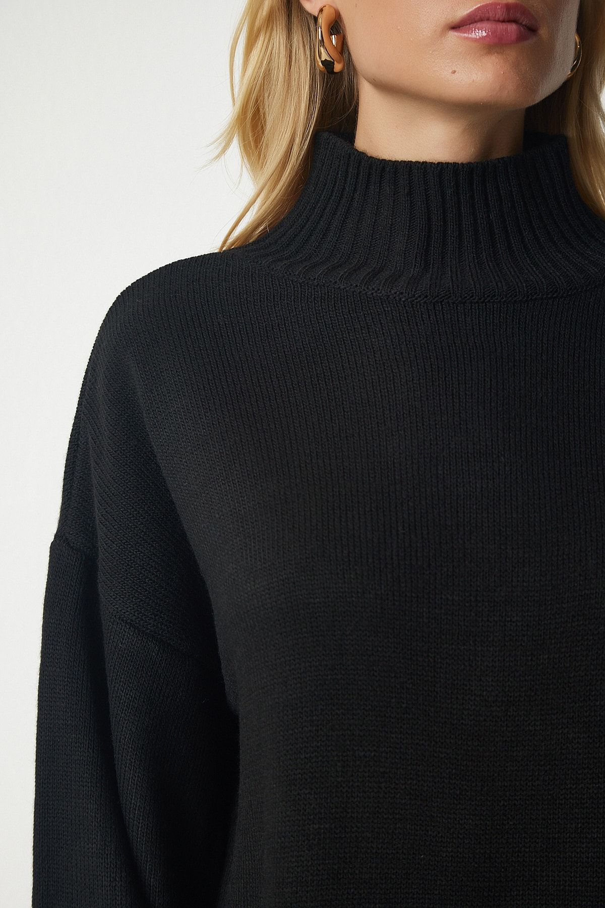 Happiness İstanbul-Schwarzer Oversize-Strickpullover mit Stehkragen für Damen, Basic, YY00167 5