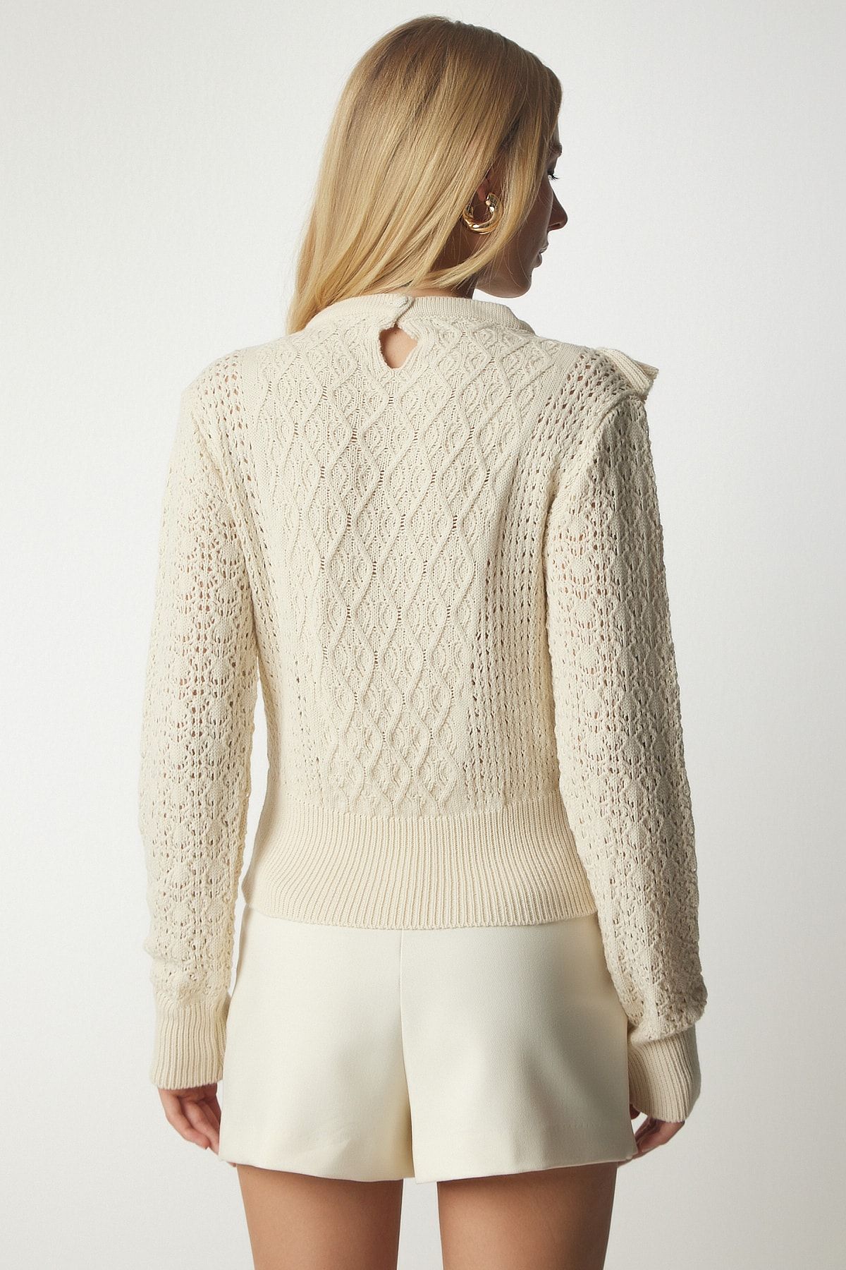 Happiness İstanbul-Cremefarbener Strickpullover mit Rüschendetail für Damen YY00169 6