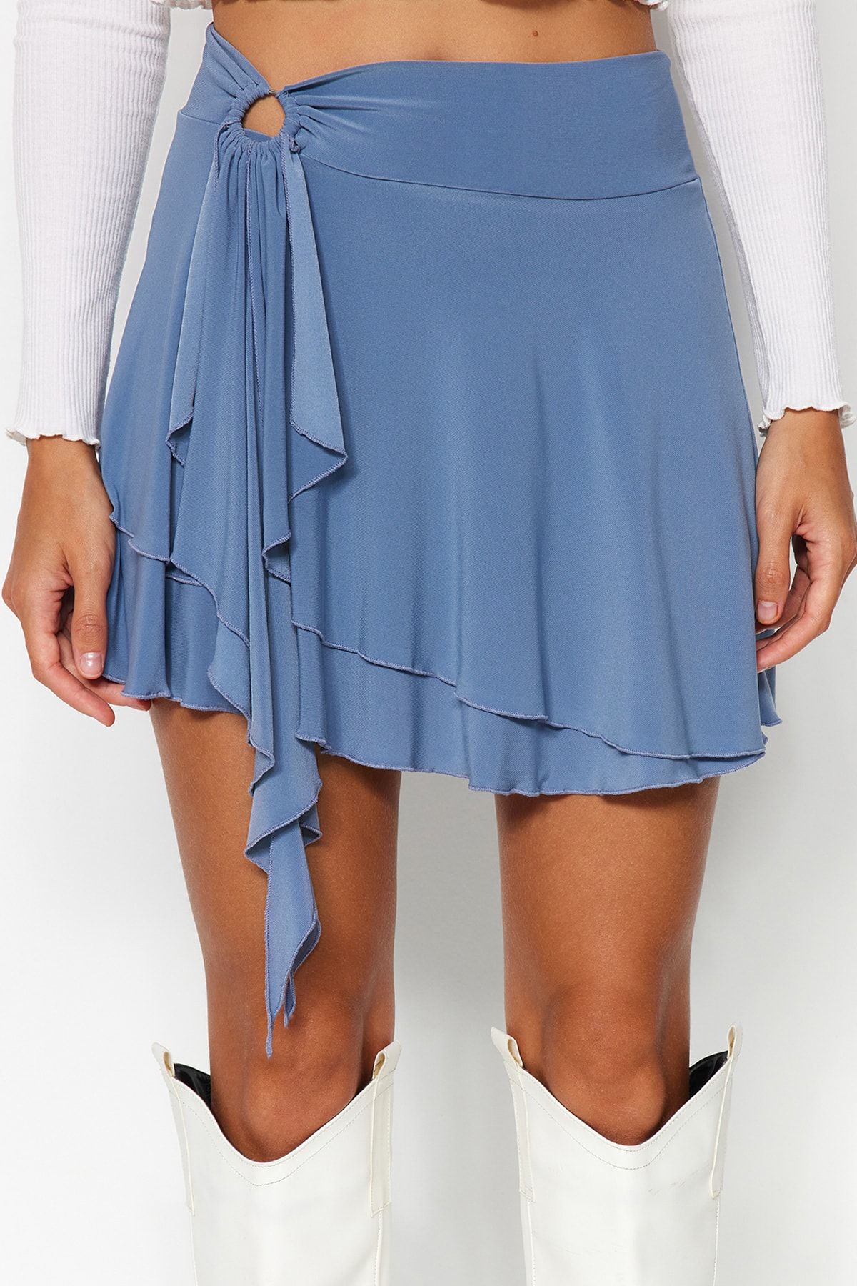 Trendyol Collection Blue Frill Detailed Flounce Mini Knitted Skirt TWOAW24ET00214 Trendyol