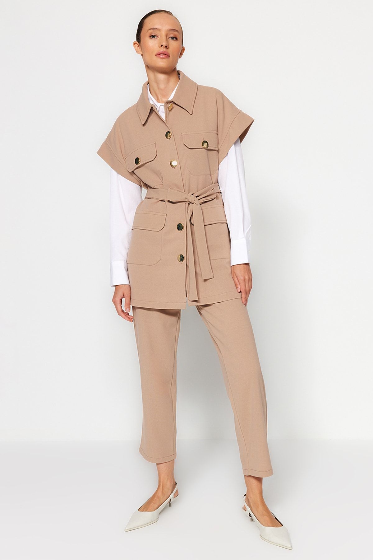 Trendyol Modest Kamizelka-spodnie Taupe W Kolorze Złotym, Dzianinowy Dół I Góra Garnituru Kobieta - 40