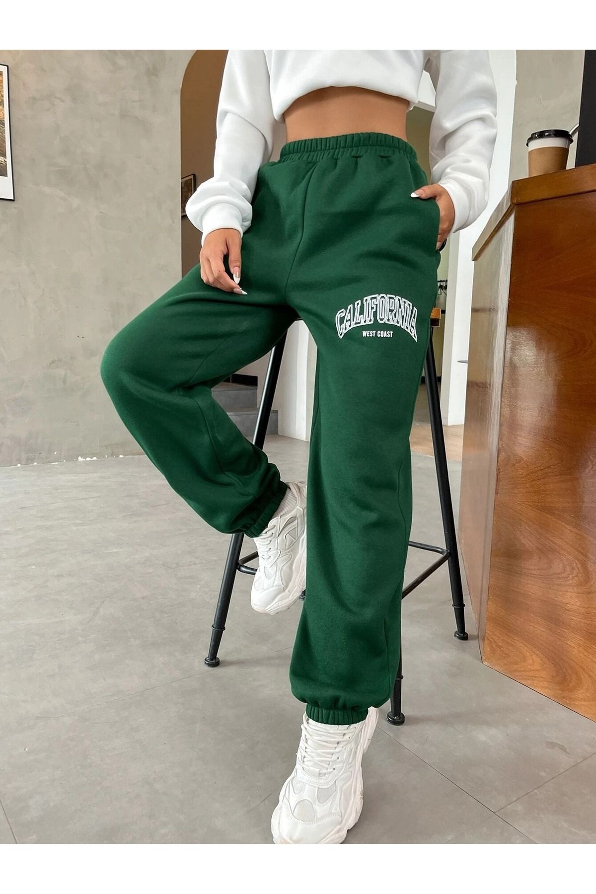 DUBU BUT K California West Coast Sweatpants Jogger Green Printed Rubber Leg High Waist Trendyol