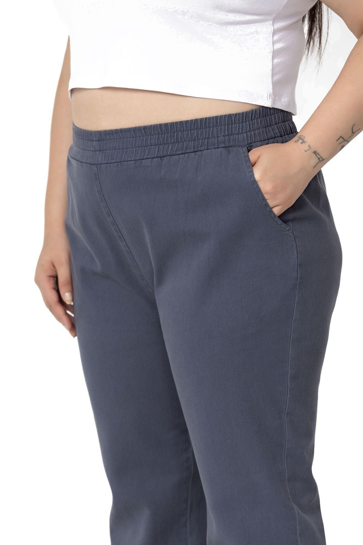 DISENTIS MODEST-Plus Size Gabardine Anthracite Trousers with Elastic Waist and Pockets 6