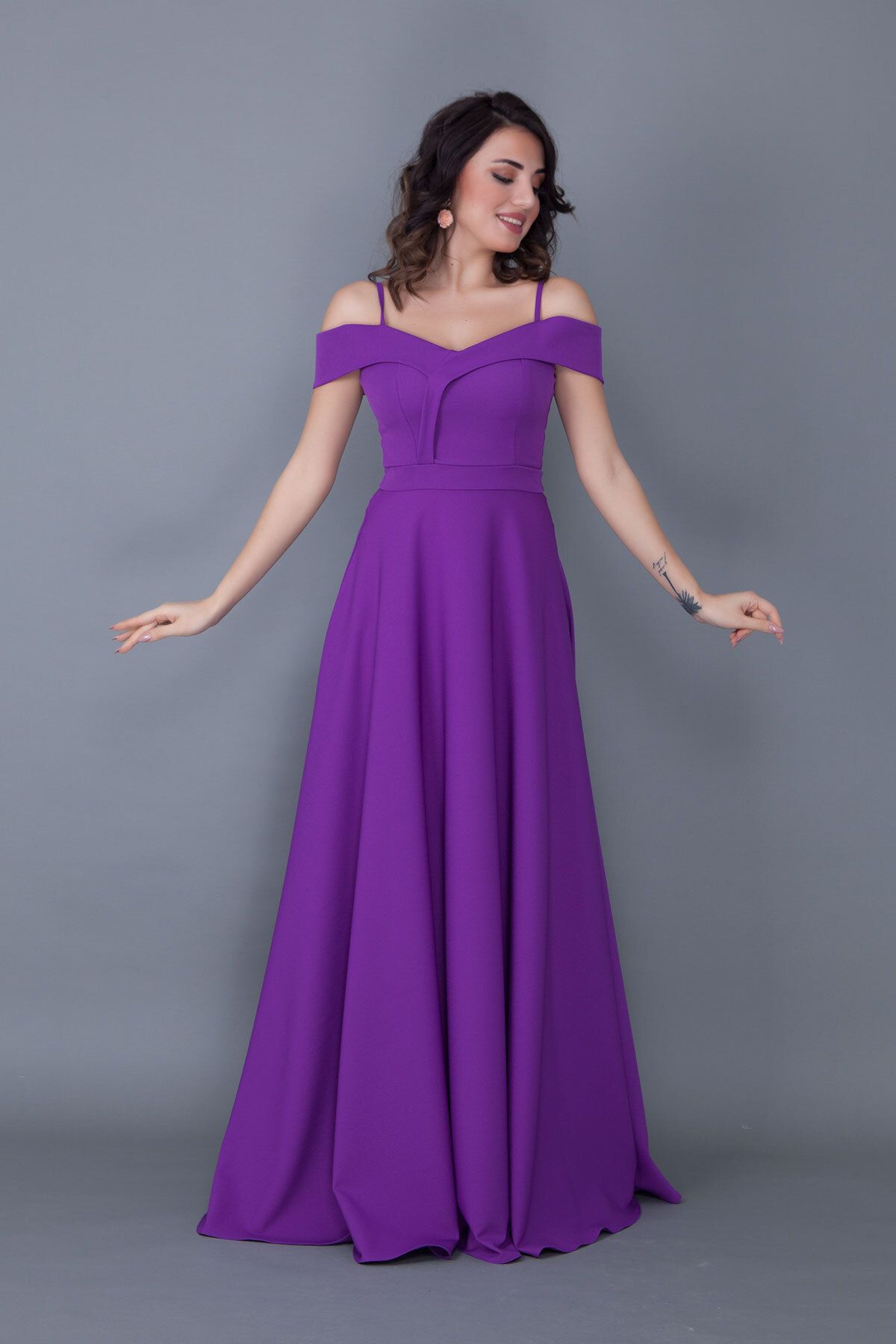 NO48-Rochie model evazată cu bretele, mov, lungime maxi 3