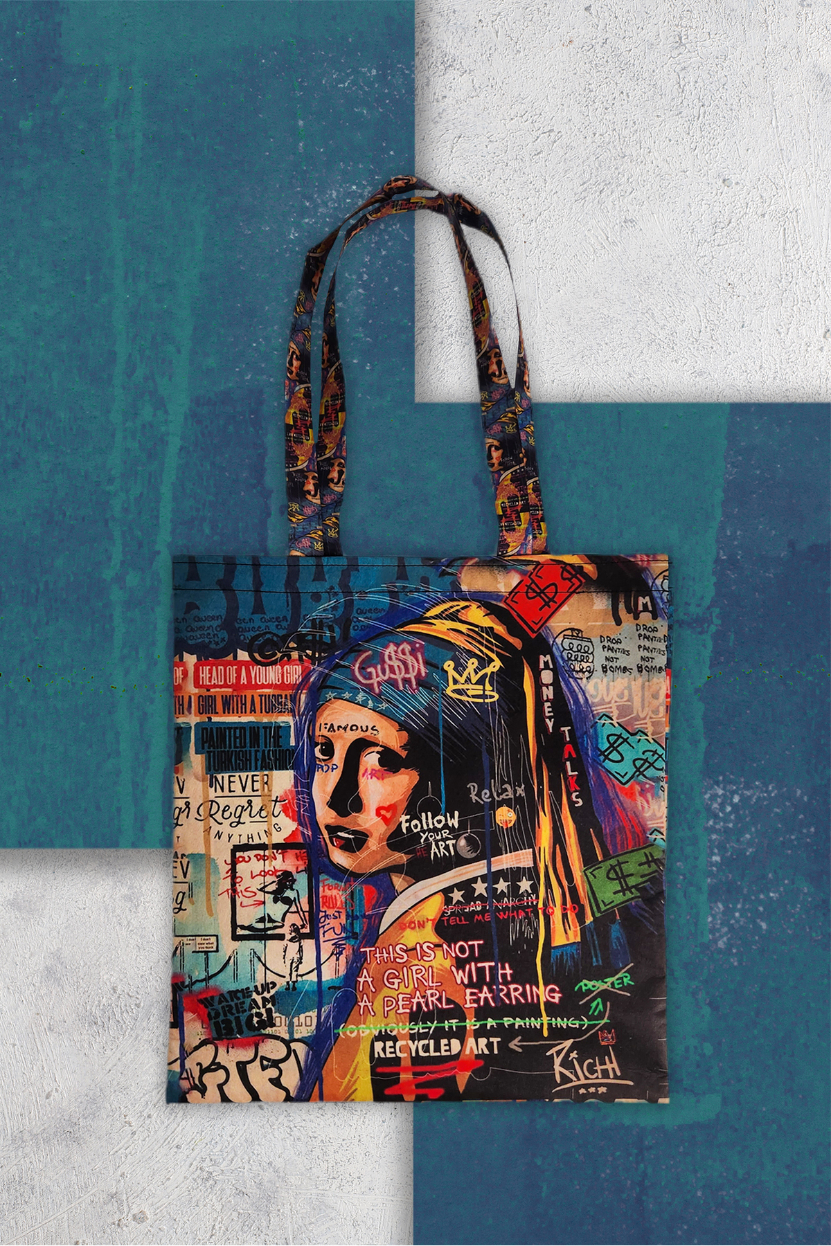 Girl Printed Fabric Cloth Bag Single Compartment Sleeve and Shoulder Bag with Pearl Earring Design