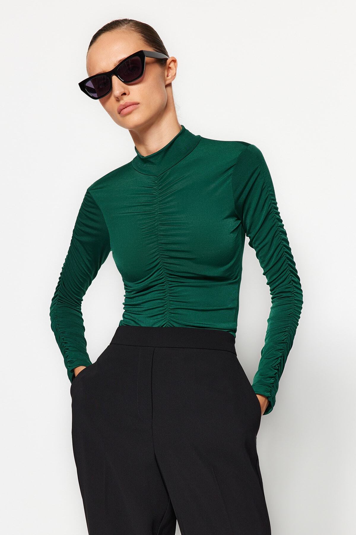 Trendyol Collection-Smaragdově zelená Slim Gather Detailní patentka Stretch Pletené tělo TWOAW20BD0052 1