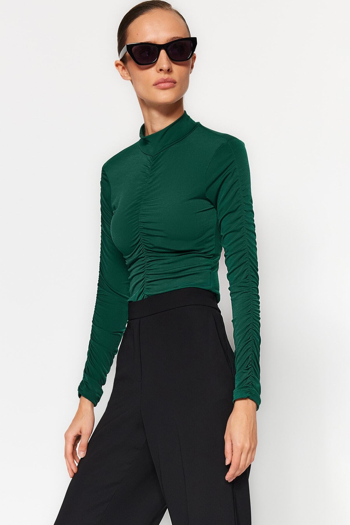 Trendyol Collection-Smaragdově zelená Slim Gather Detailní patentka Stretch Pletené tělo TWOAW20BD0052 3
