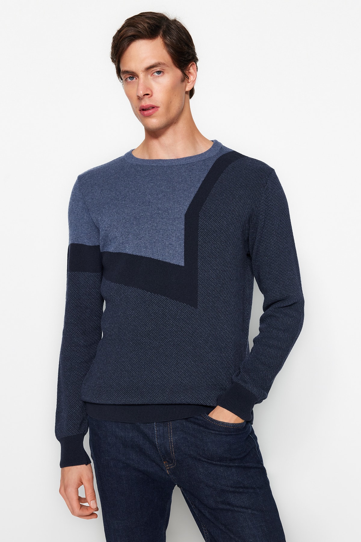 Indigo Men's Slim Fit Crew Neck Color Block Knitwear Sweater
