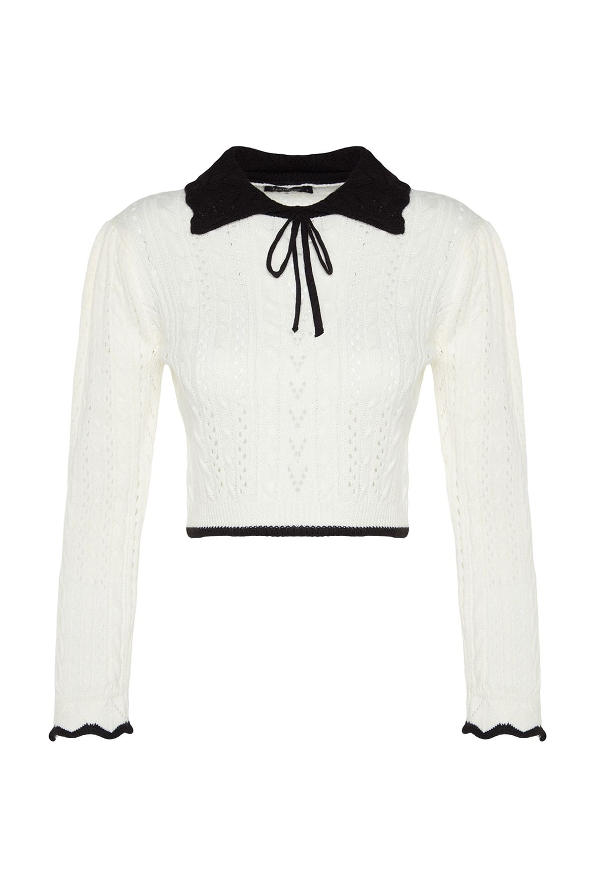 Trendyol Collection-Sweter z dzianiny w kolorze ecru - Crop Size, ażurowa/dziurkowa wstążka, detal kokardki Twoaw24Kz01055 7