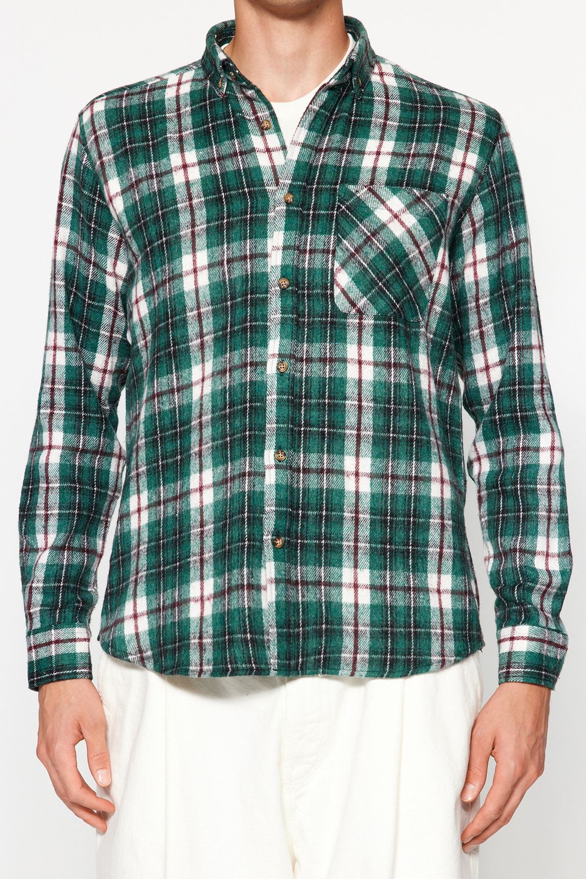 Trendyol Collection-Zöld favágó kockás ing - vékony szabású, gombos gallér, téli TMNAW22GO0045 5