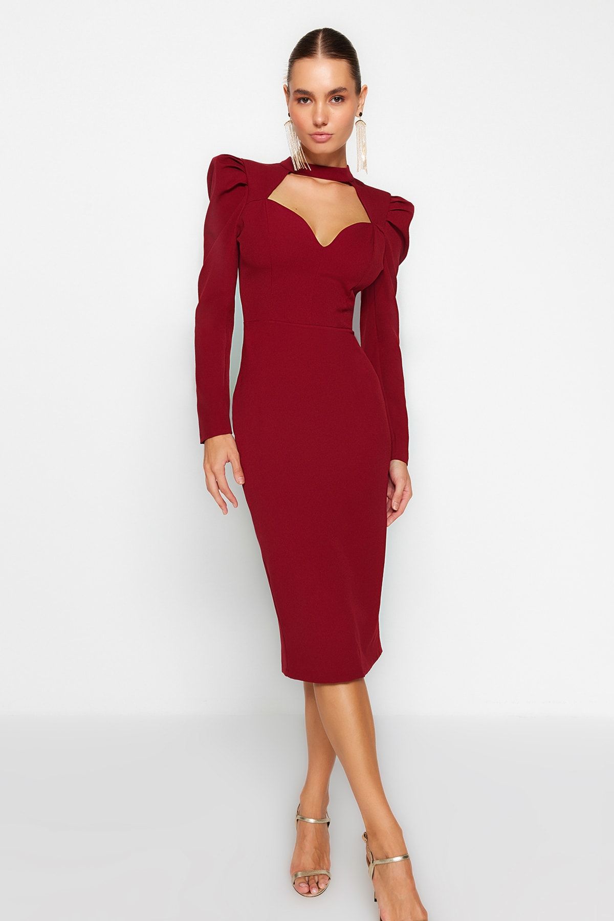 Trendyol Collection Burgundowa, Dopasowana, Tkana, Elegancka Wieczorowa Sukienka Na Studniówkę Kobieta - 42