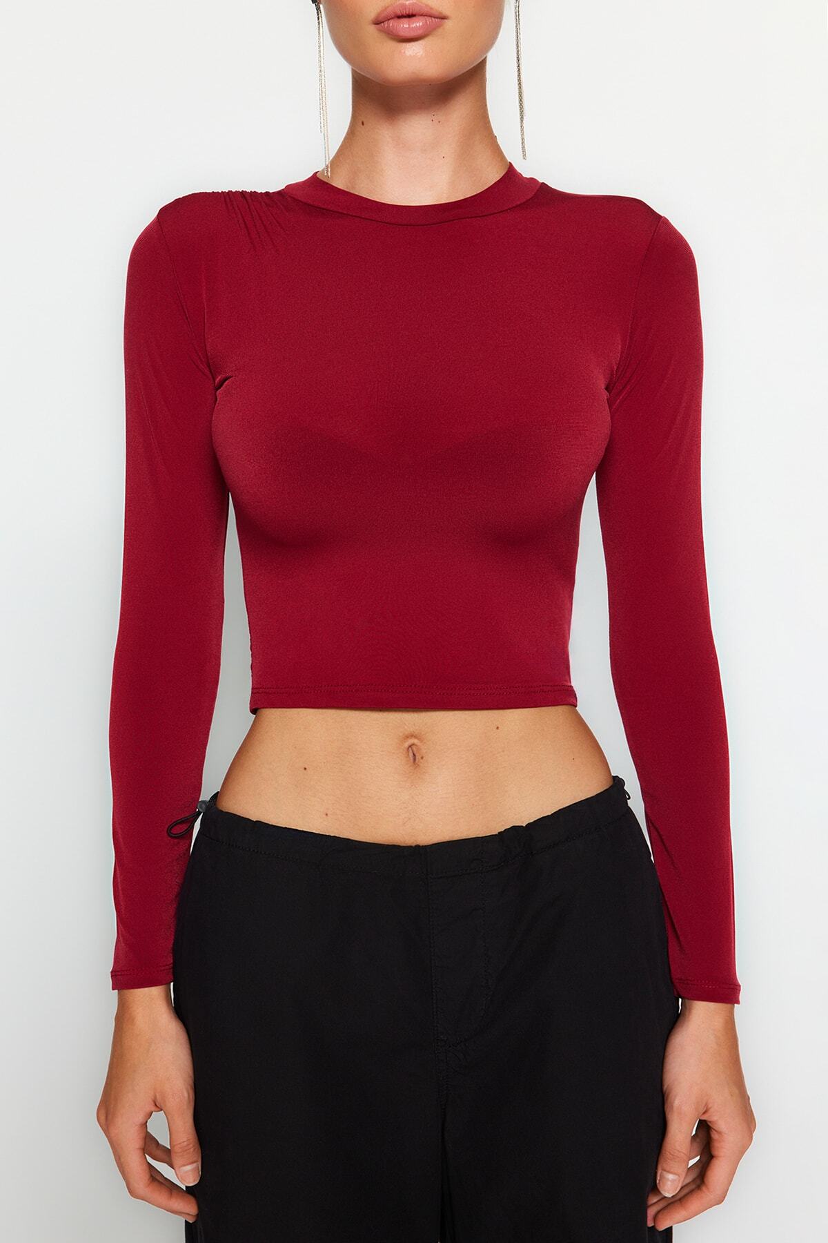 Trendyolmilla  Bordo Dik Yaka Fitted/Vücuda Oturan Uzun Kol Büzgülü Esnek Örme Bluz TWOAW23EL01391 - Görsel 5