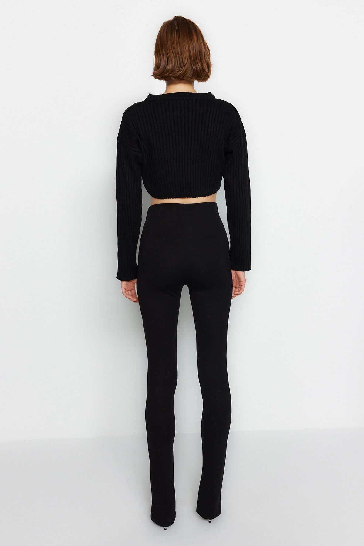 Trendyol Collection-Schwarze, geschlitzte, dehnbare, gestrickte, hohe Hose mit Details TWOAW22PL0323 7