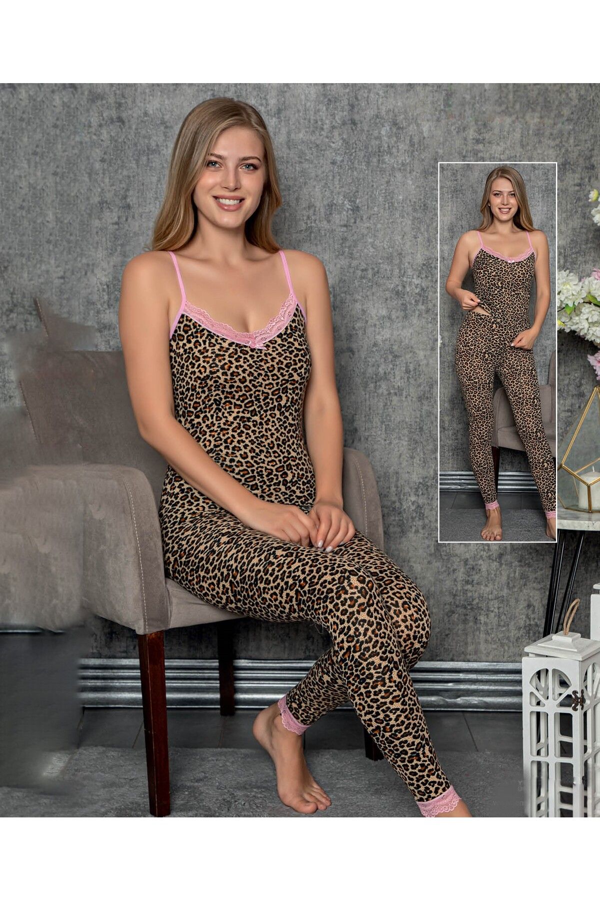 JENİKA-Set de colanți leopard slim-fit cu bretele din 2 piese pentru femei 2