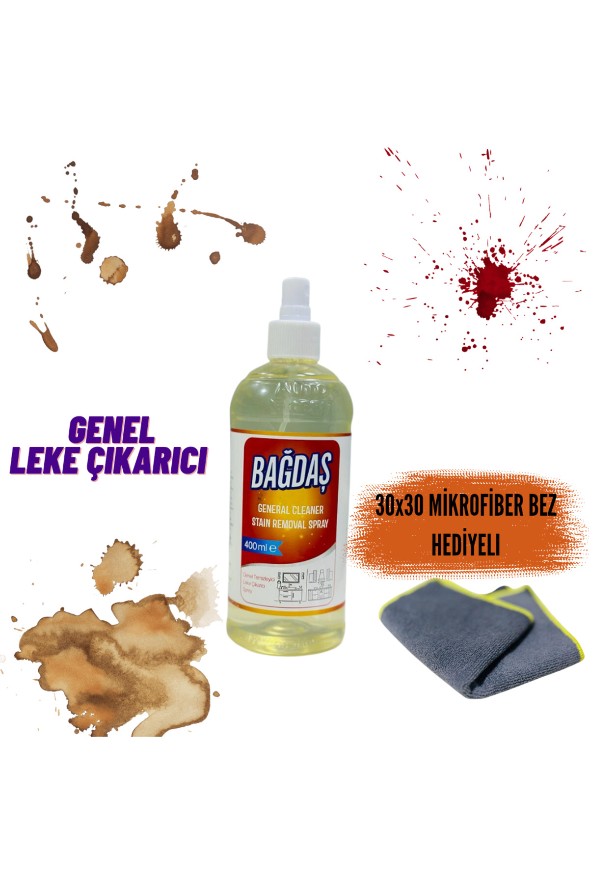 BAĞDAŞ 2'li Set Çok Amaçlı Araç Içi Leke Çıkarıcı Sprey 400 ml Ve Miktofiber Bez 30x30