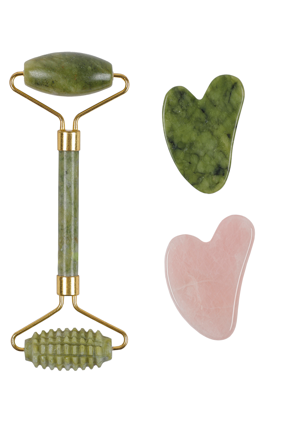 İLTERUS Tırtıklı Yeşim Face Roller, Pembe Kuvars Kalp Ve Yeşim Kalp Gua Sha Set